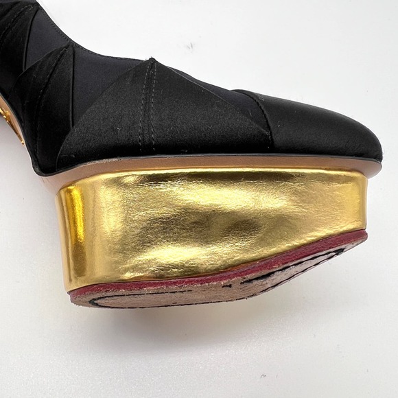 CHARLOTTE OLYMPIA Heels Womens 37 Black Gold Satin Pump Platform Ankle Strap - Picture 12 of 15